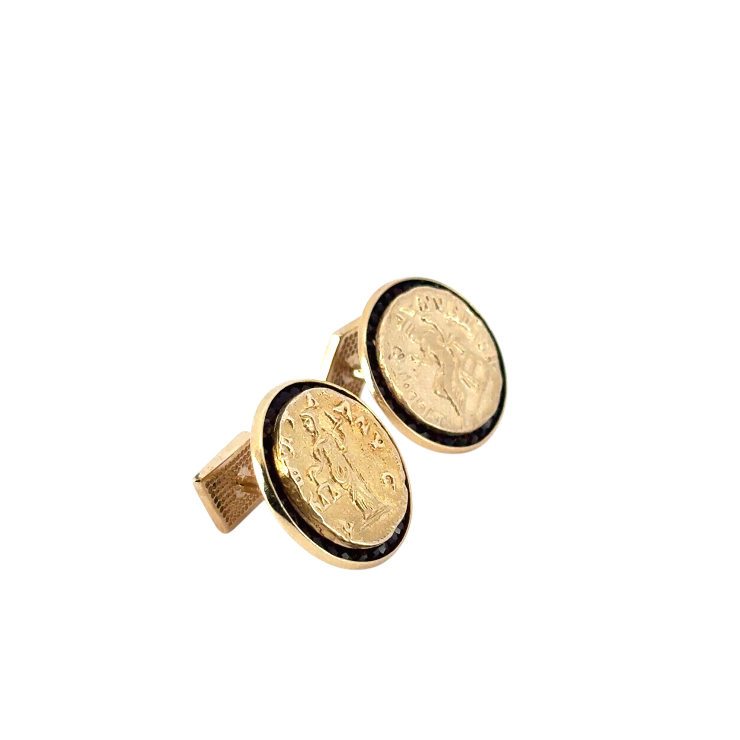 Men's 14k Yellow Gold Lucien Piccard Coin Black Spinel Cufflinks For Sale