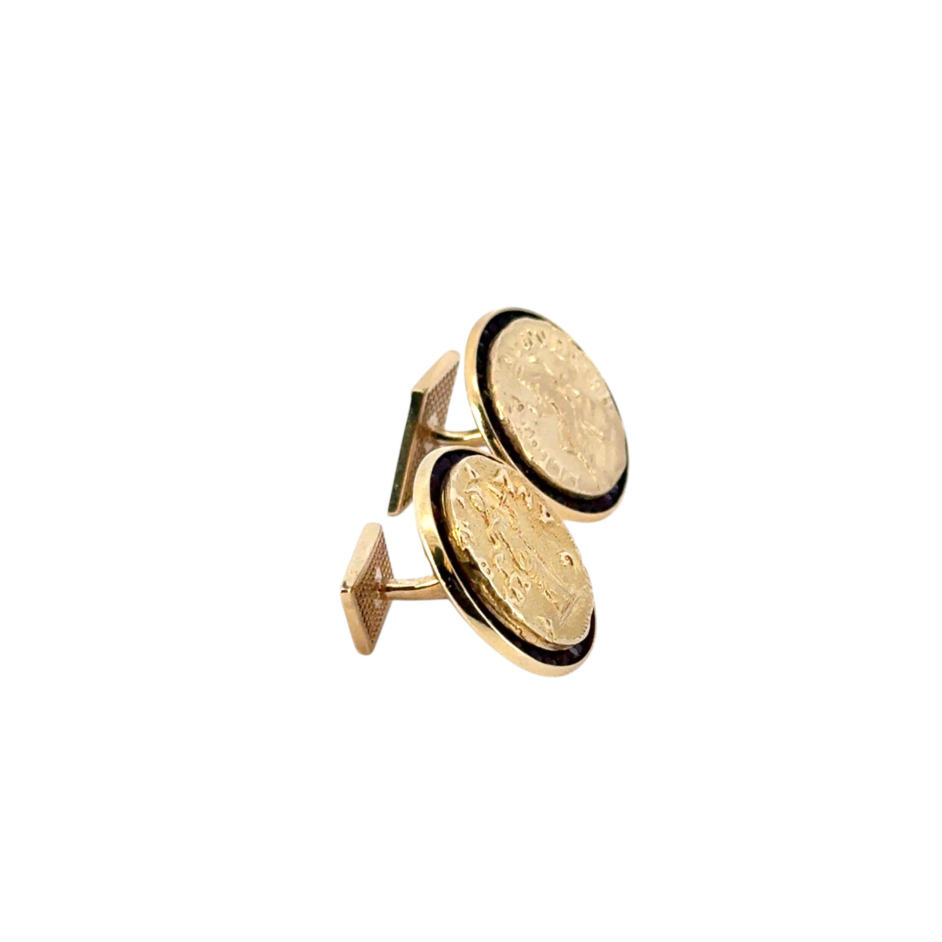 14k Yellow Gold Lucien Piccard Coin Black Spinel Cufflinks For Sale 1