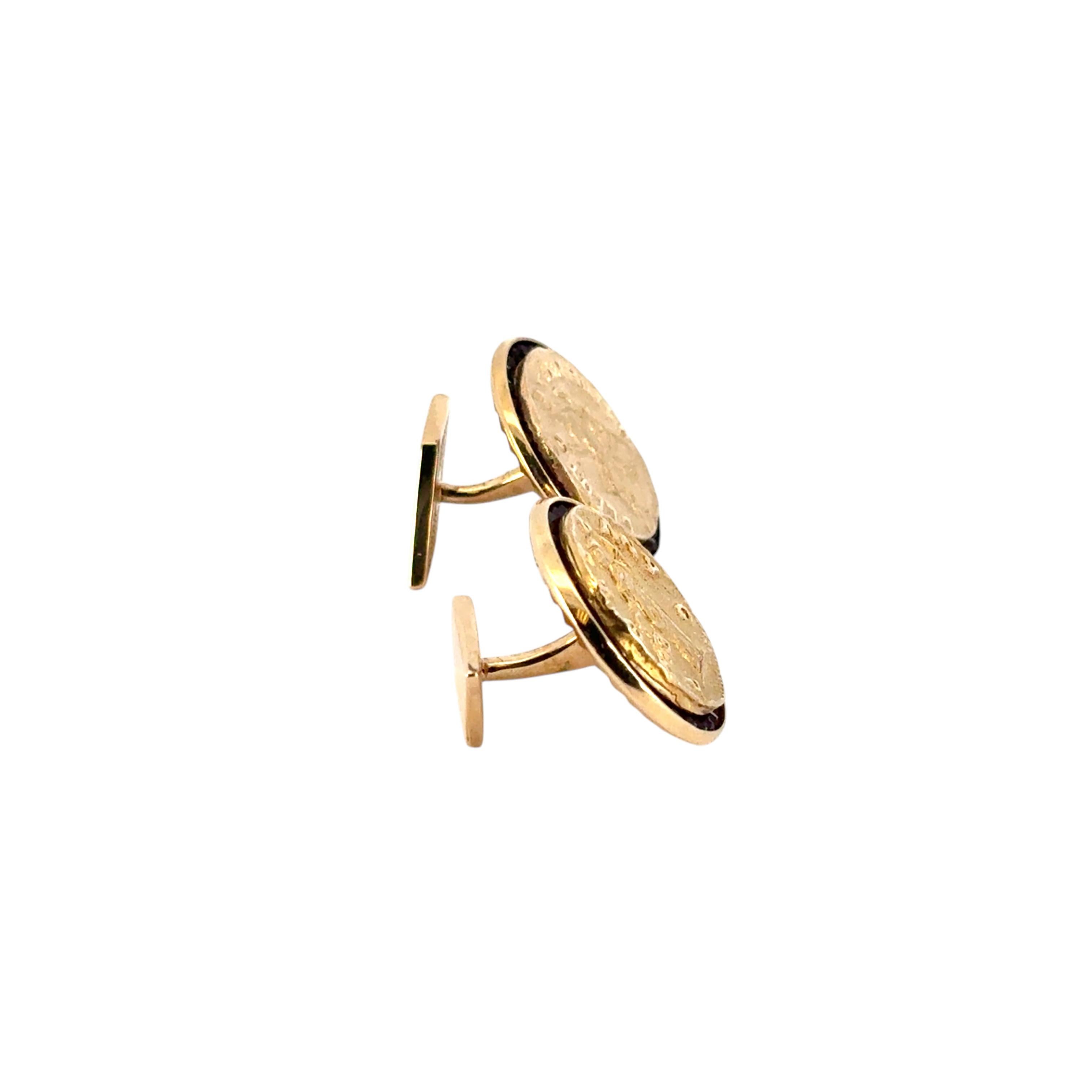 14k Yellow Gold Lucien Piccard Coin Black Spinel Cufflinks For Sale 2