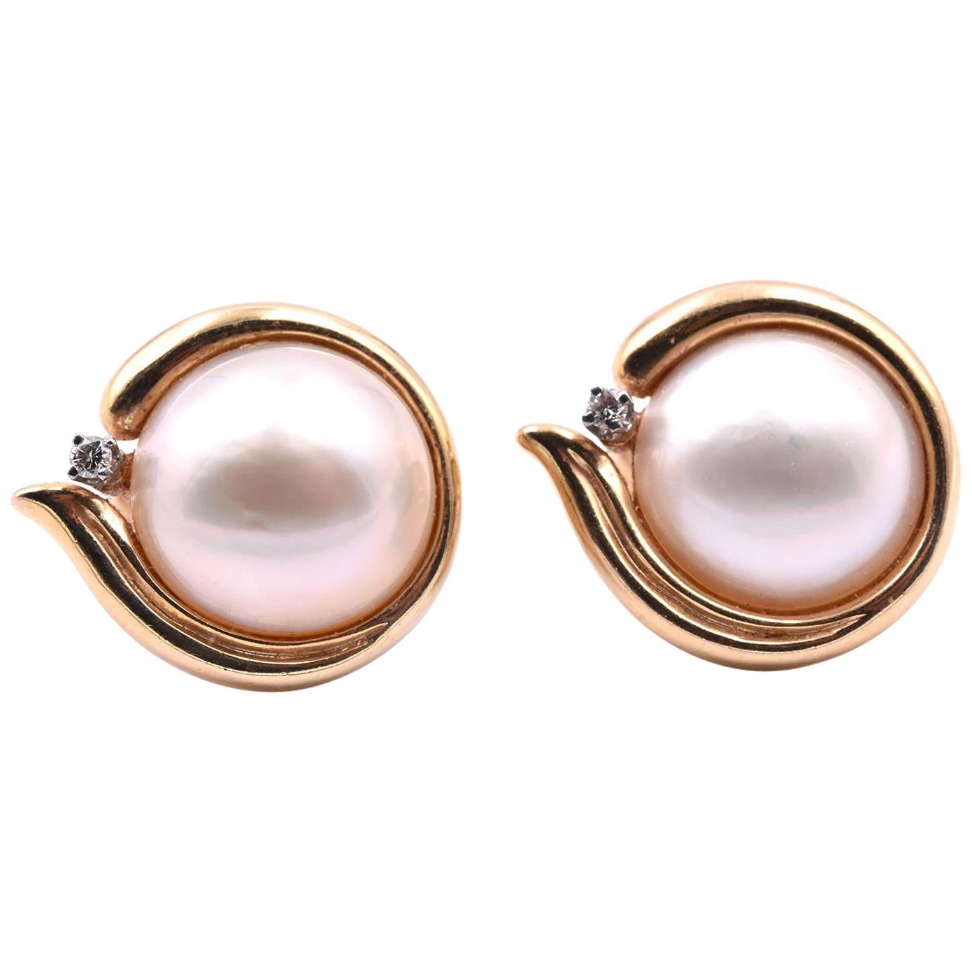 14 Karat Yellow Gold Mabe Pearl and Diamond Clip-On Earrings