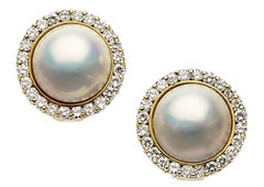 14k Yellow Gold Mabe Pearl and Diamond Earrings