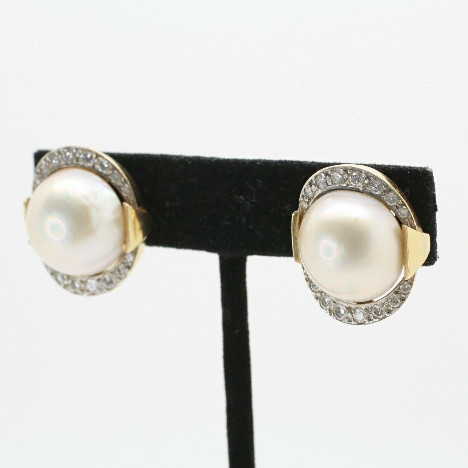 Contemporary 14k Yellow Gold Mabe Pearl and Diamond Earrings