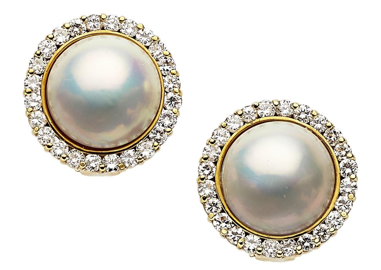 Modern 14k Yellow Gold Mabe Pearl and Diamond Earrings For Sale