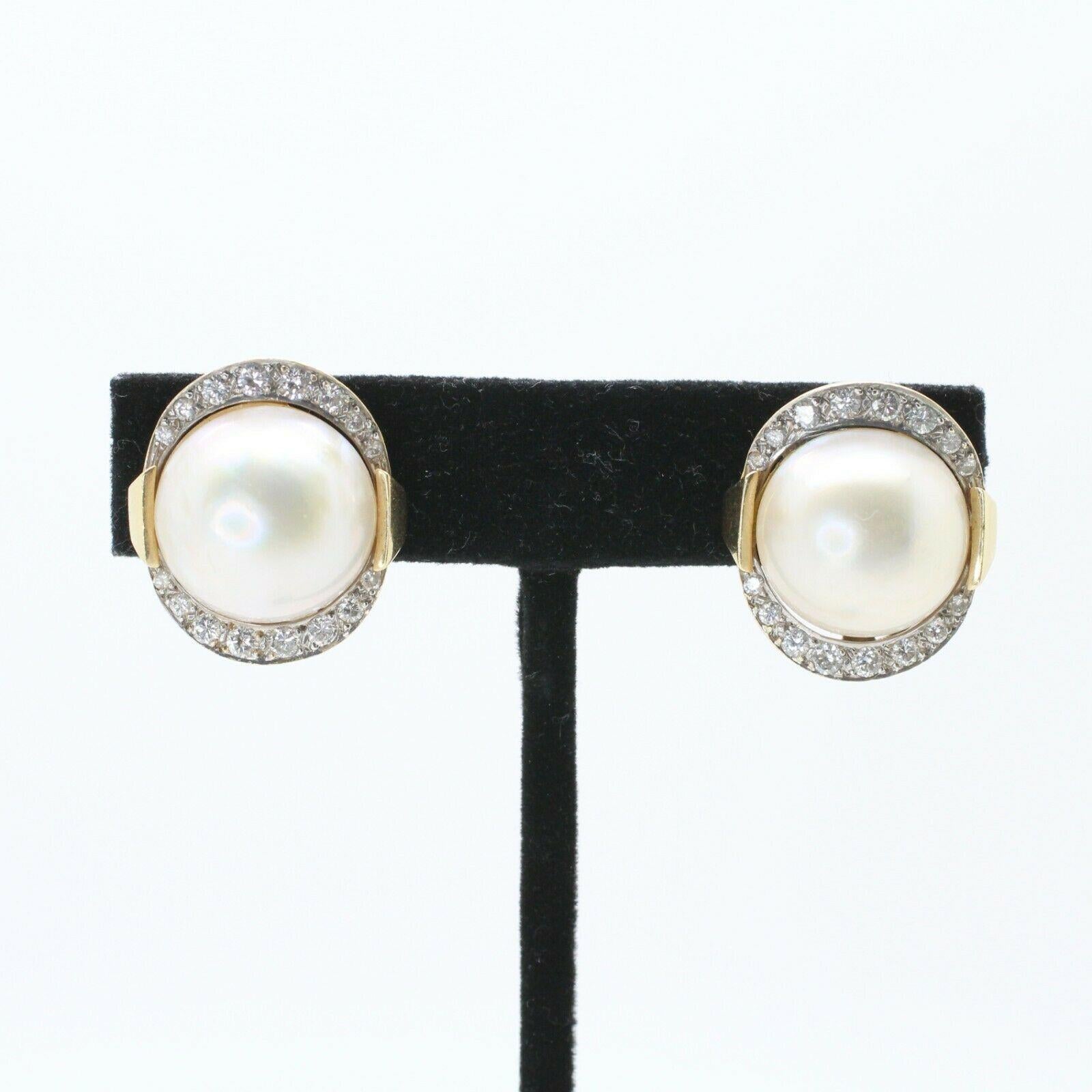 Round Cut 14k Yellow Gold Mabe Pearl and Diamond Earrings