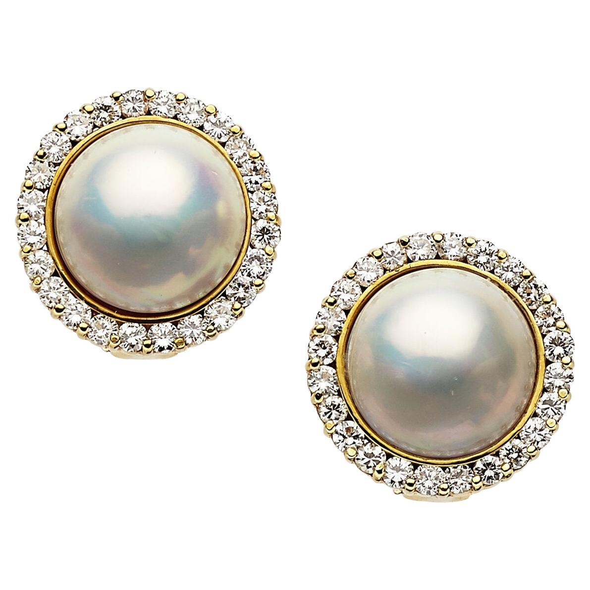 14k Yellow Gold Mabe Pearl and Diamond Earrings