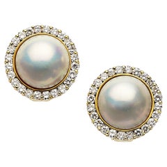 14k Yellow Gold Mabe Pearl and Diamond Earrings