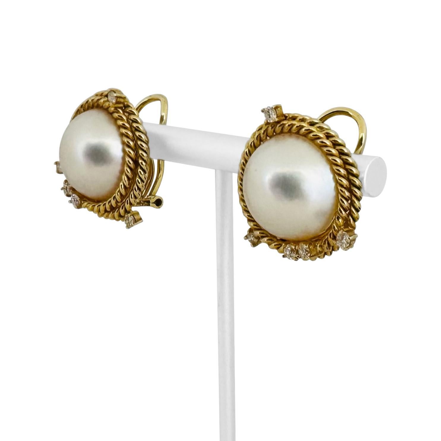 14k Gelbgold Mabe Perle und Diamant Vintage Clip-Ohrringe (Rundschliff)