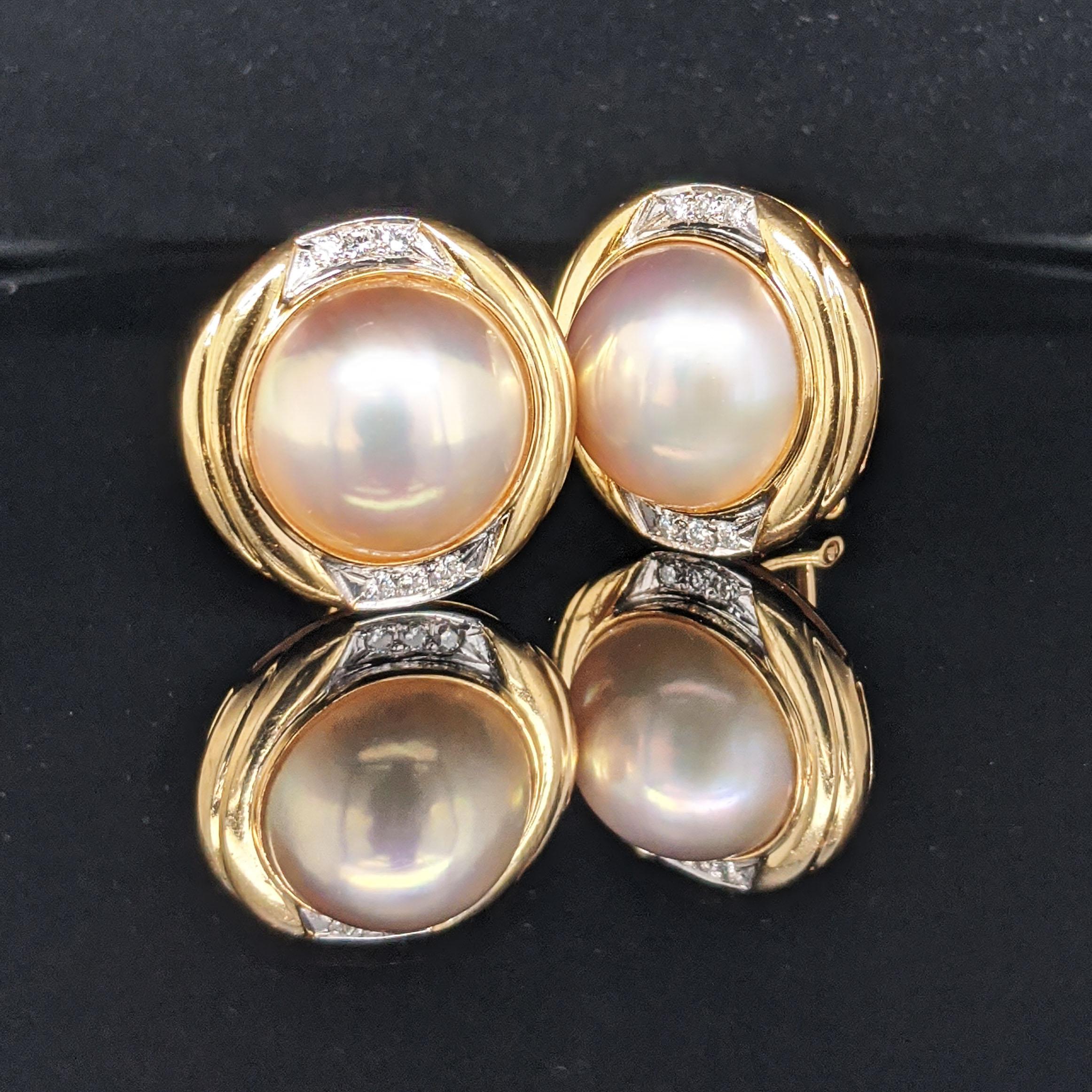 This is a gorgeous pair of button earrings in 14k yellow gold with mabe pearl centers and beautiful bright white diamond accents. The classic combination of mabe pearls and diamonds means that these earrings look incredible with anything, on anyone!