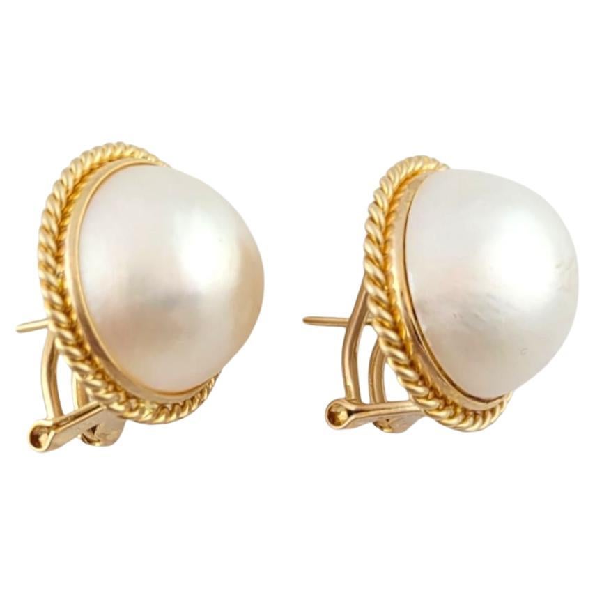 14K Yellow Gold Mabe Pearl Earrings #14612 For Sale