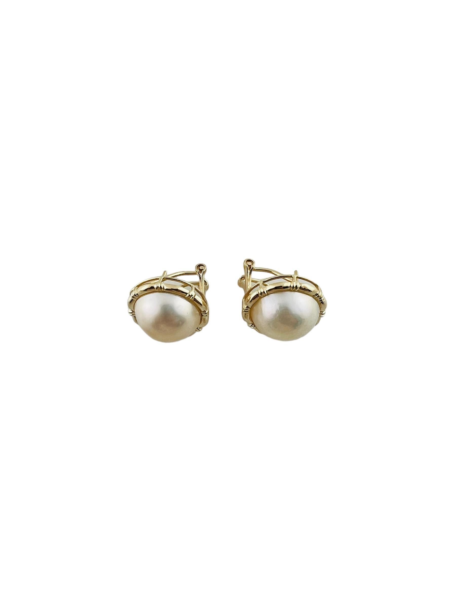 Women's 14K Yellow Gold Mabe Pearl Earrings #15940 For Sale