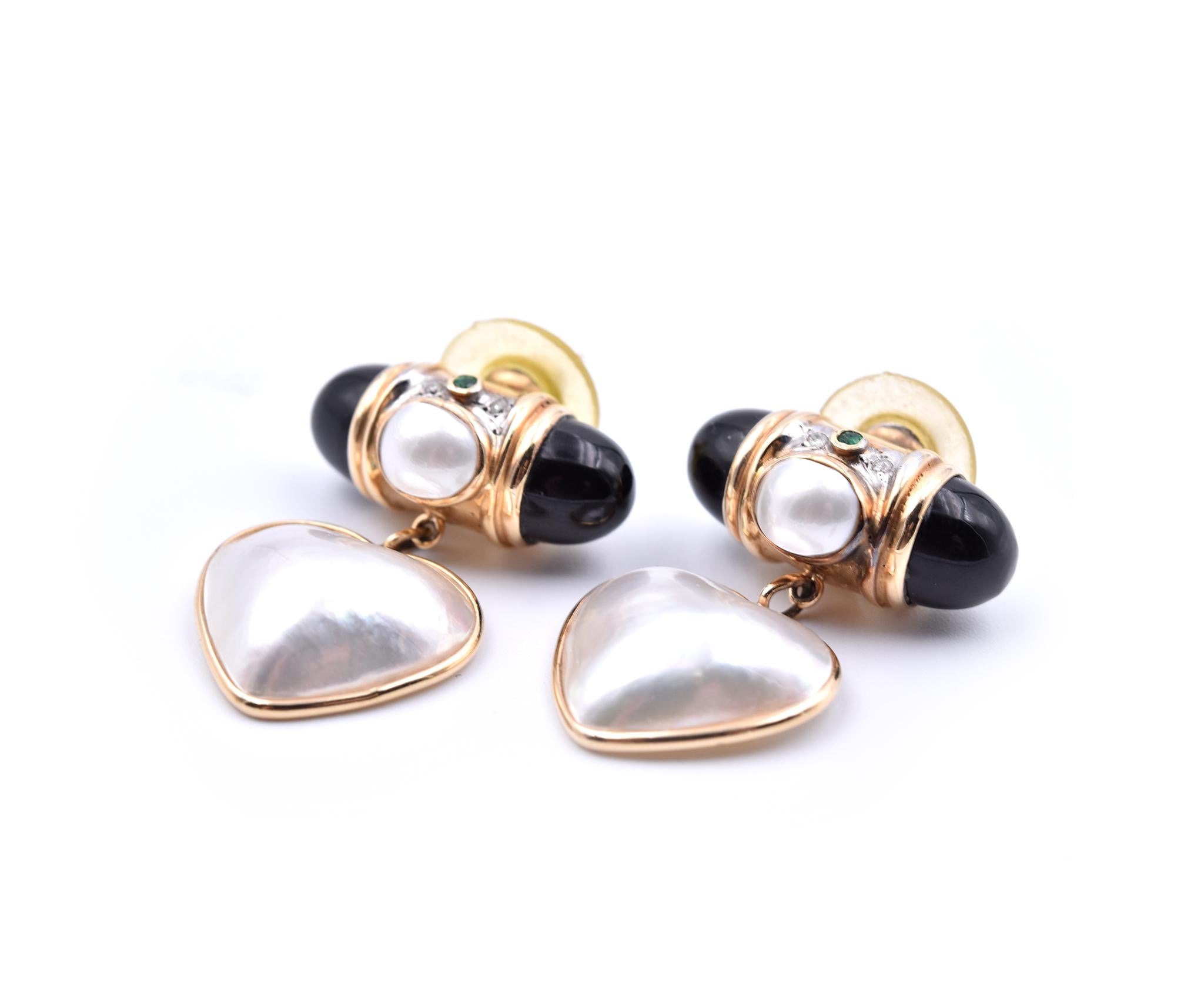 14 Karat Yellow Gold Mabe Pearl Earrings with Onyx, Emerald, and Diamond In Excellent Condition For Sale In Scottsdale, AZ