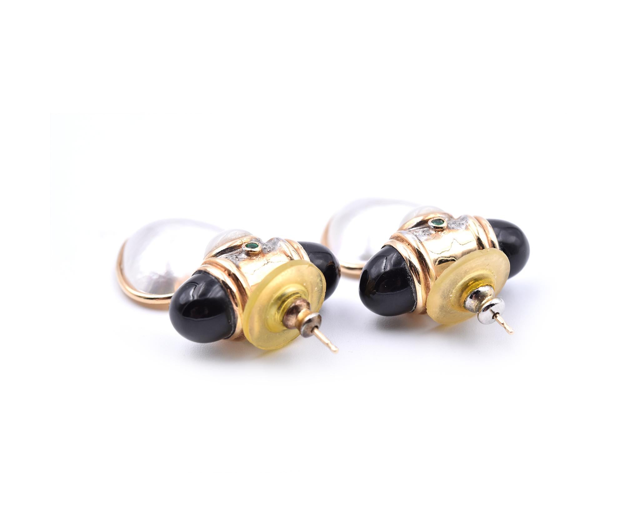 Women's or Men's 14 Karat Yellow Gold Mabe Pearl Earrings with Onyx, Emerald, and Diamond For Sale