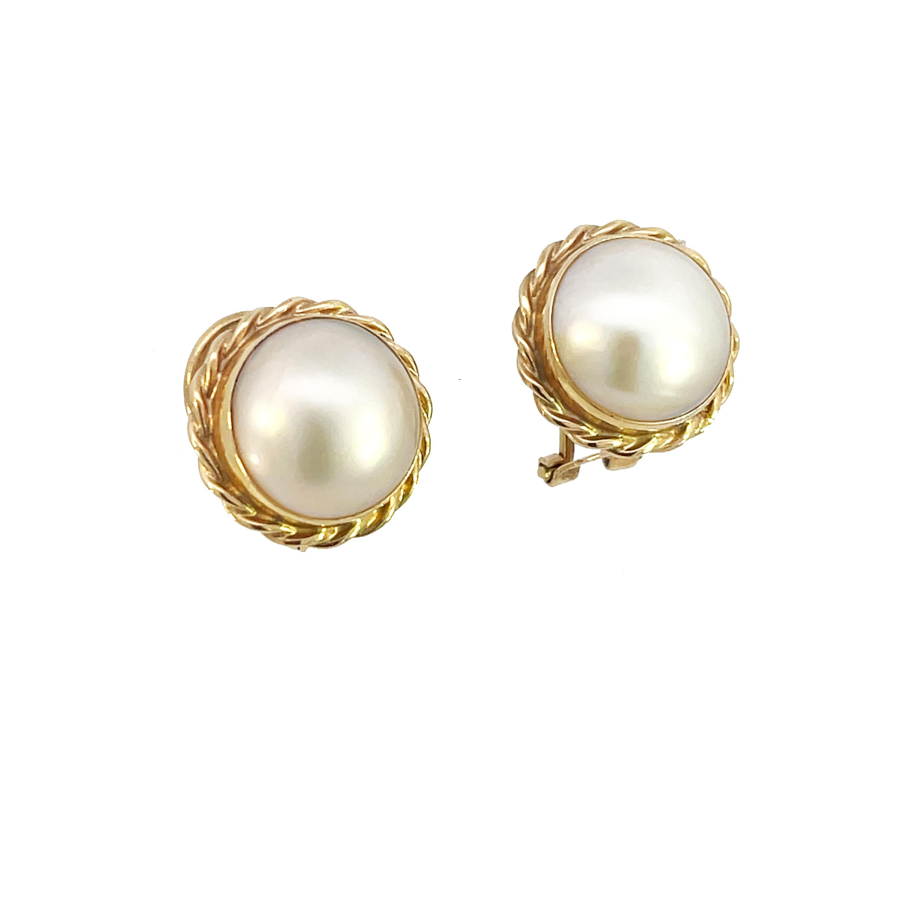 Contemporary 14K Yellow Gold Mabe Pearl Lever-Back Earrings For Sale