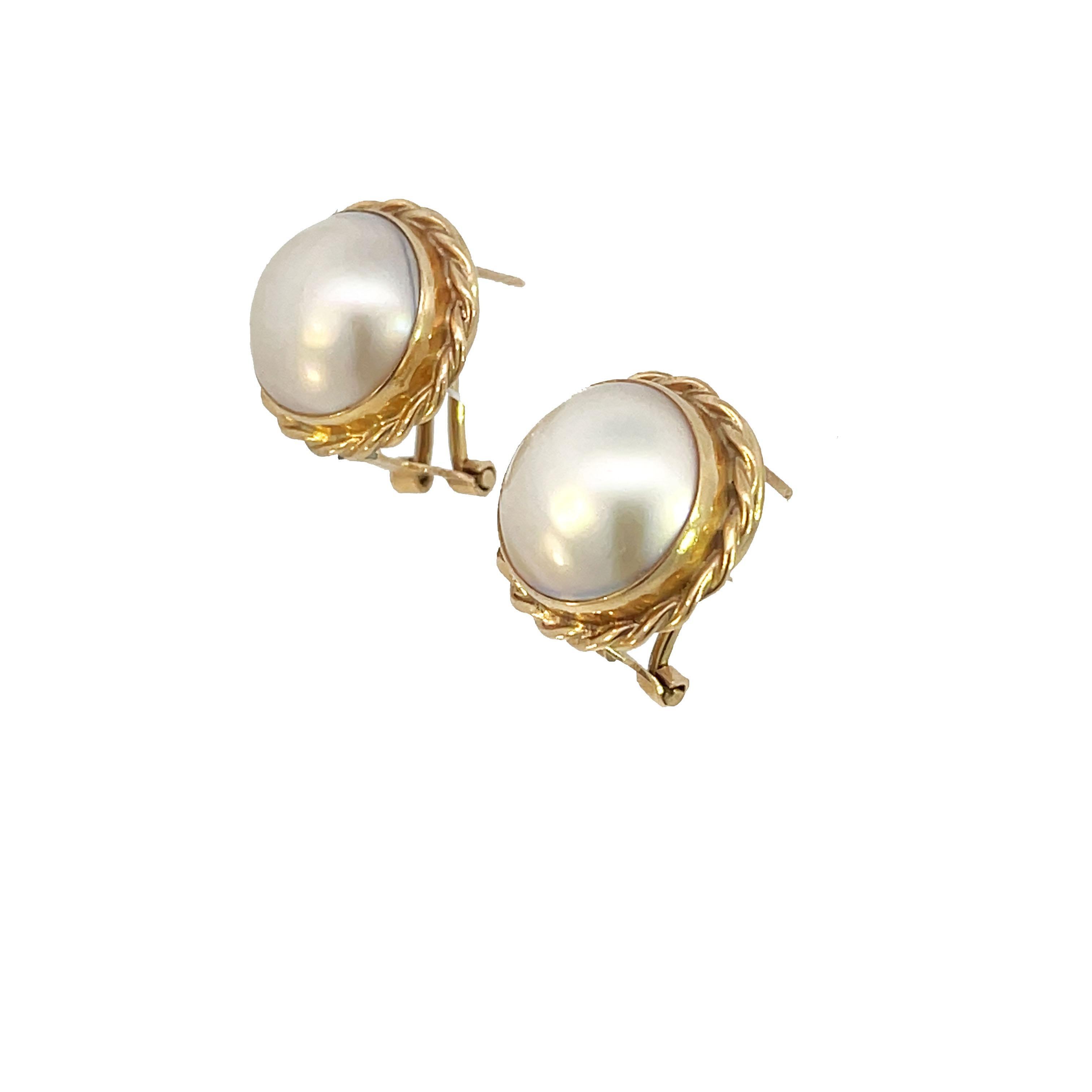 Uncut 14K Yellow Gold Mabe Pearl Lever-Back Earrings For Sale