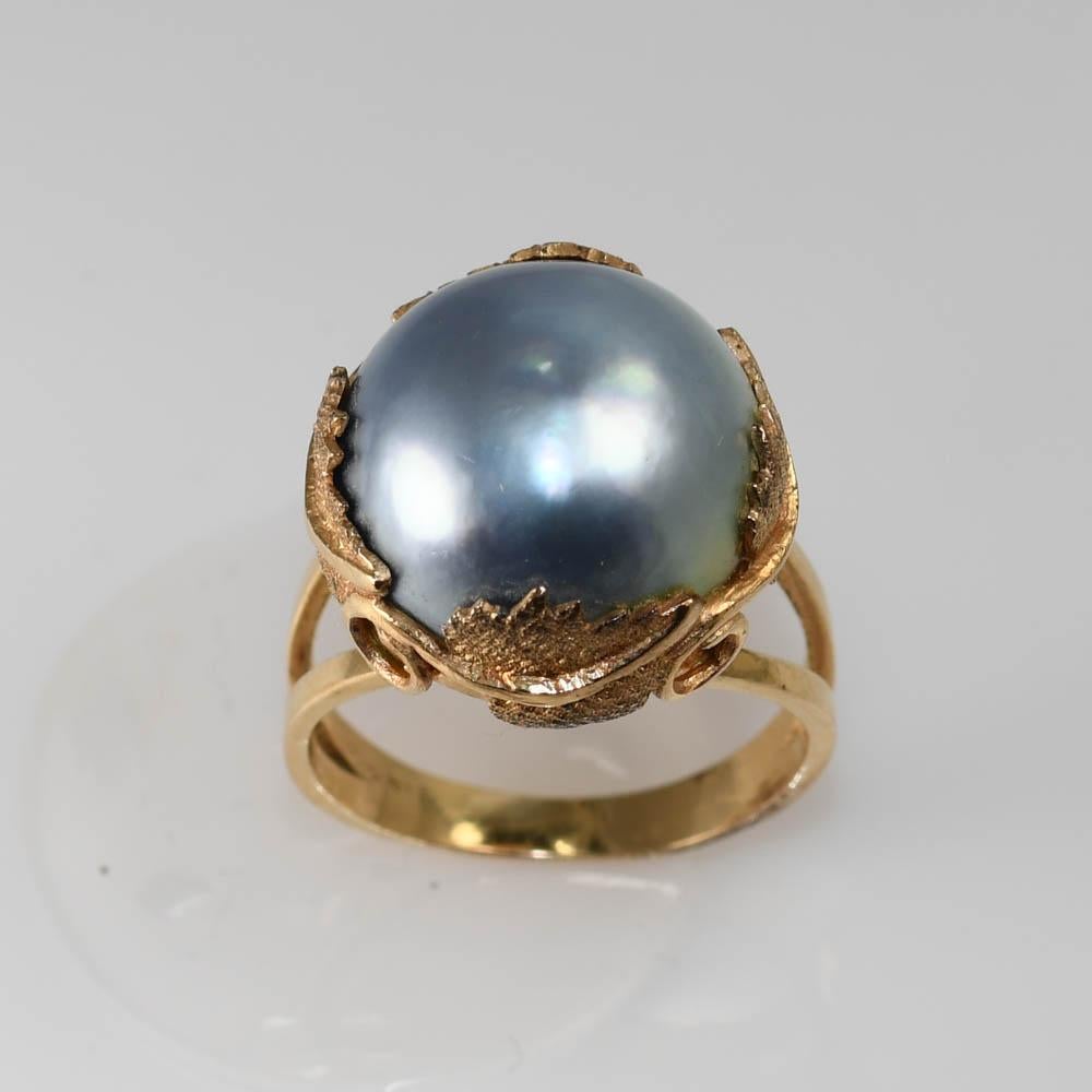 Bague en or jaune 14K avec perle Mabe 7.6g en vente 1