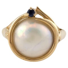 14K Yellow Gold Mabe Pearl Ring with Sapphire Size 8.5 #14609