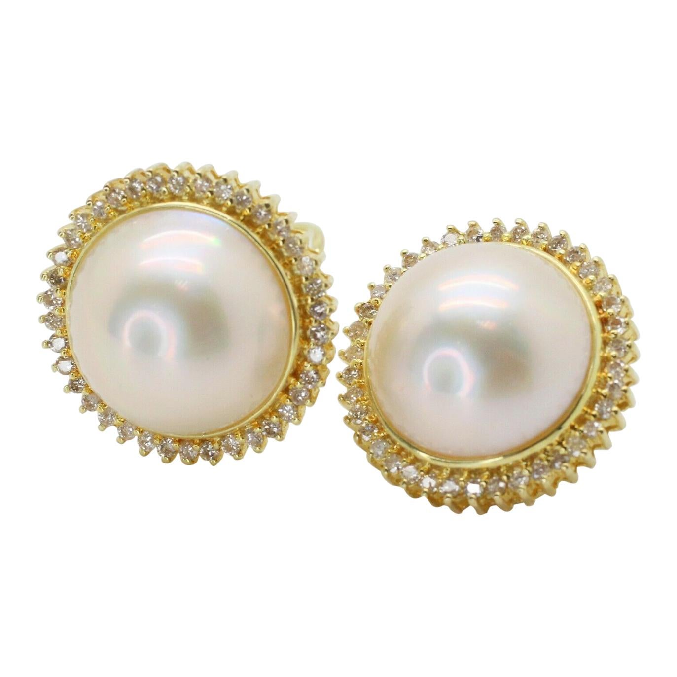 14 Karat Yellow Gold Mabe Pearl Earrings with Onyx, Emerald, and