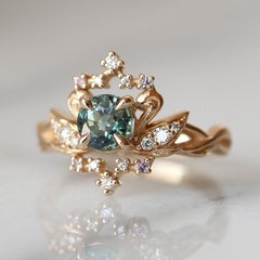 14k Yellow Gold Magical Swan & Celestial Star Sapphire Diamond Halo Ring