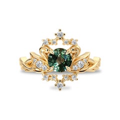 14k Yellow Gold Magical Swan & Celestial Star Sapphire Diamond Halo Ring