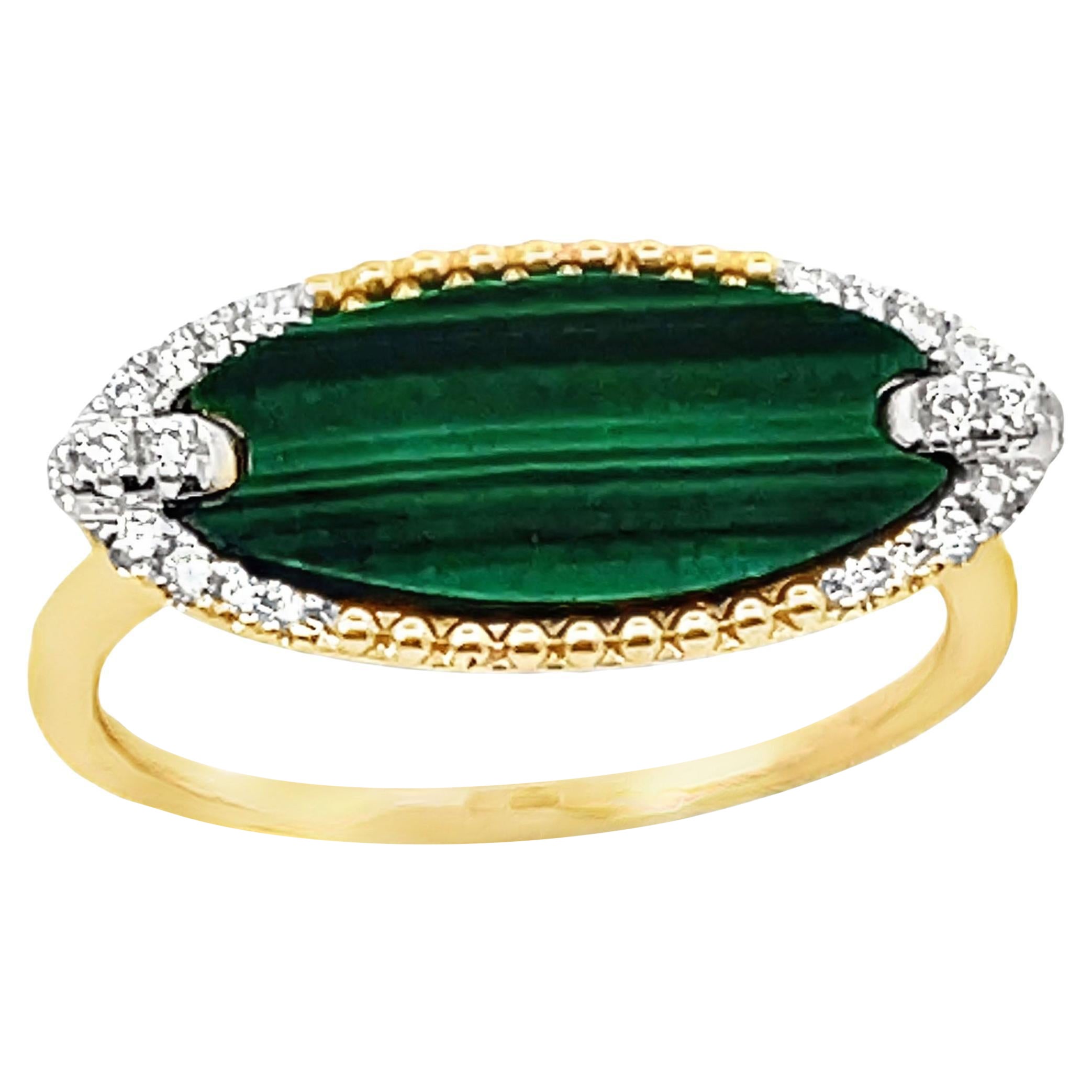 14k Yellow Gold Malachite 1.87 Carats & Round Diamonds 0.09 Carats Ring