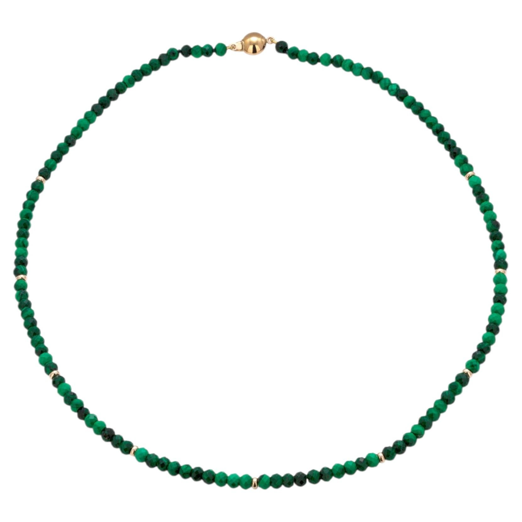 14K Yellow Gold Malachite Bead Choker Necklace 16" Gemstone & Gold Beads