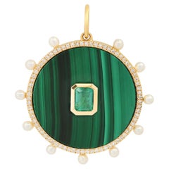 14k Yellow Gold Malachite Diamond and Pearl Round Charm with Emerald Bezel 