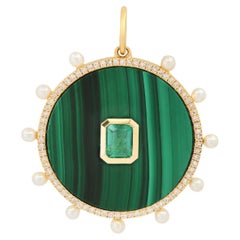 14k Yellow Gold Malachite Diamond and Pearl Round Charm with Emerald Bezel