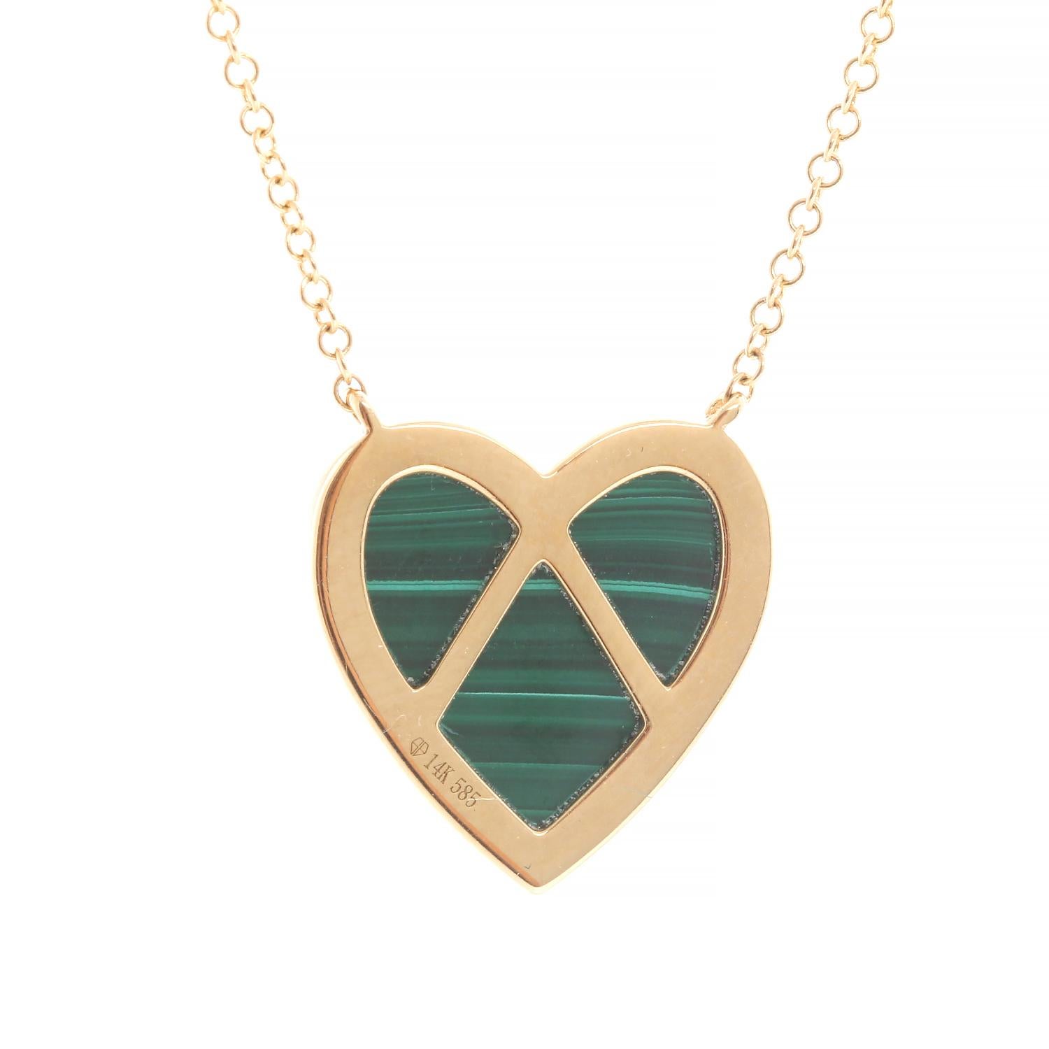 14K Yellow Gold Malachite & Diamond Necklace  - Beautiful heart shaped malachite pendant surrounded with diamonds weighing .09 cts.. Pendant size 15 mm. Chain size  16 inches with up to a 18 inch enhancer. Brand new with box .