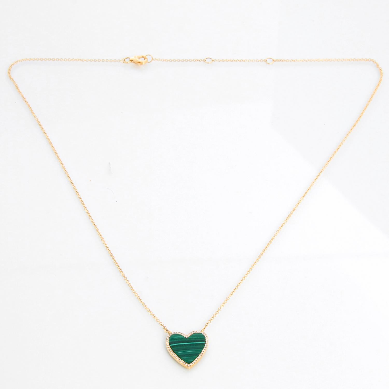 14k Yellow Gold Malachite & Diamond Heart  Necklace In New Condition For Sale In Dallas, TX