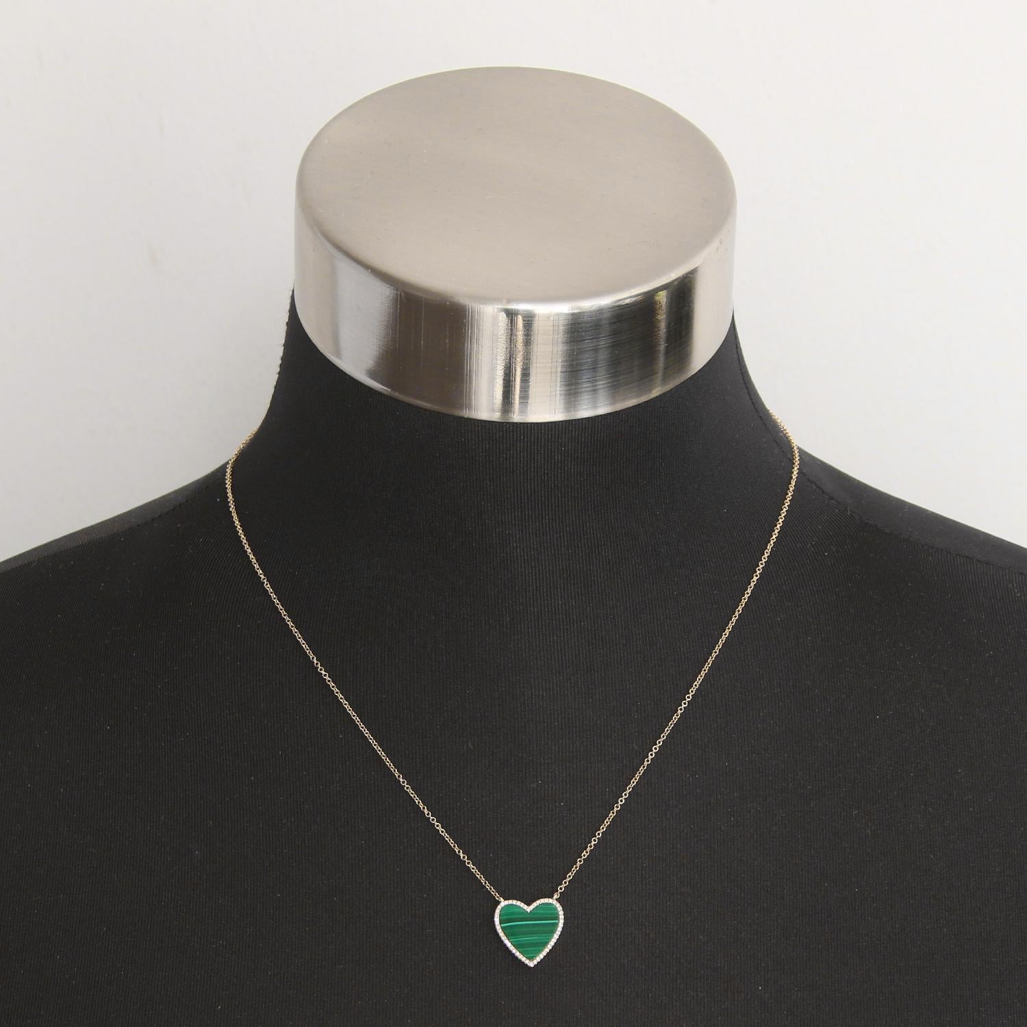 Women's 14k Yellow Gold Malachite & Diamond Heart  Necklace For Sale