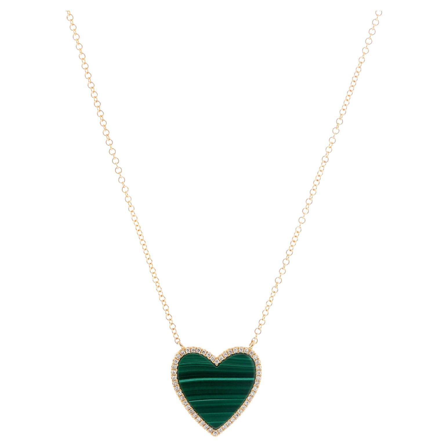 14k Yellow Gold Malachite & Diamond Heart  Necklace For Sale