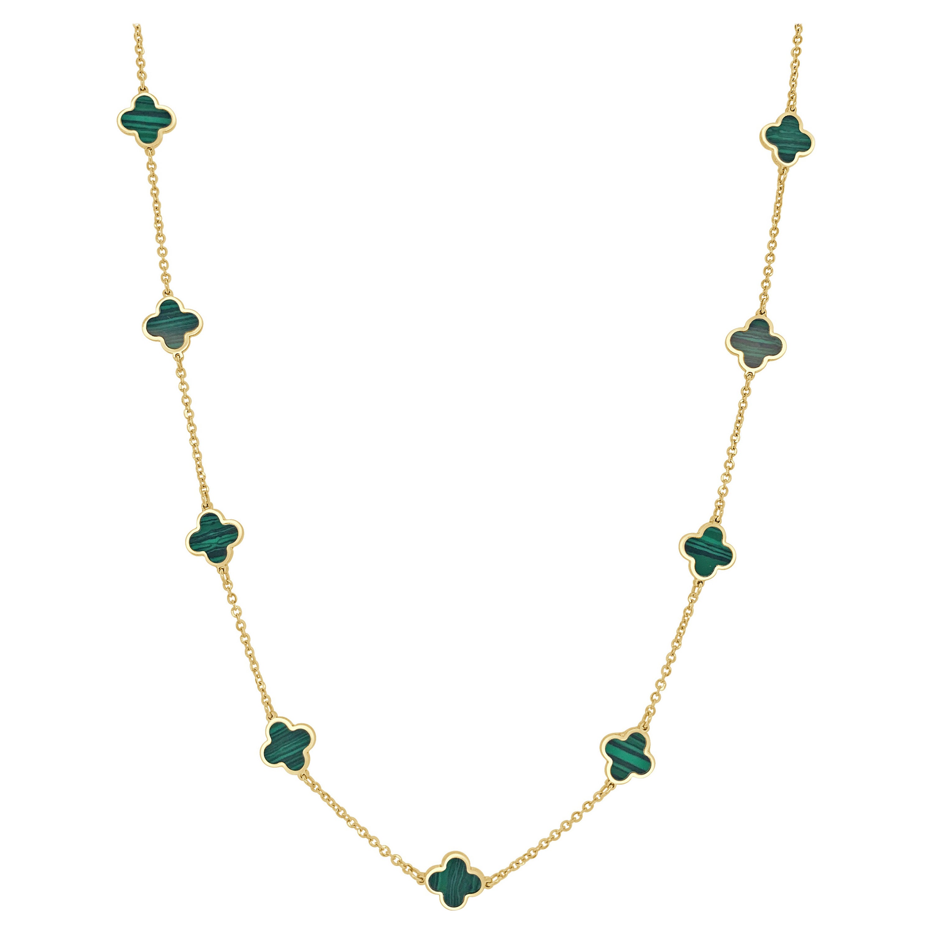 Collar Trébol Estación Incrustación Oro Amarillo 14k y Malaquita