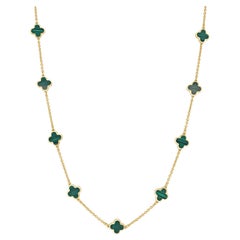 14k Yellow Gold & Malachite Inlay Station Clover Necklace