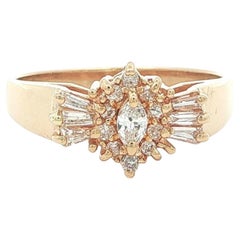 14k Yellow Gold Marquise Baguette & Round Diamond Cluster Flared Petite Ring