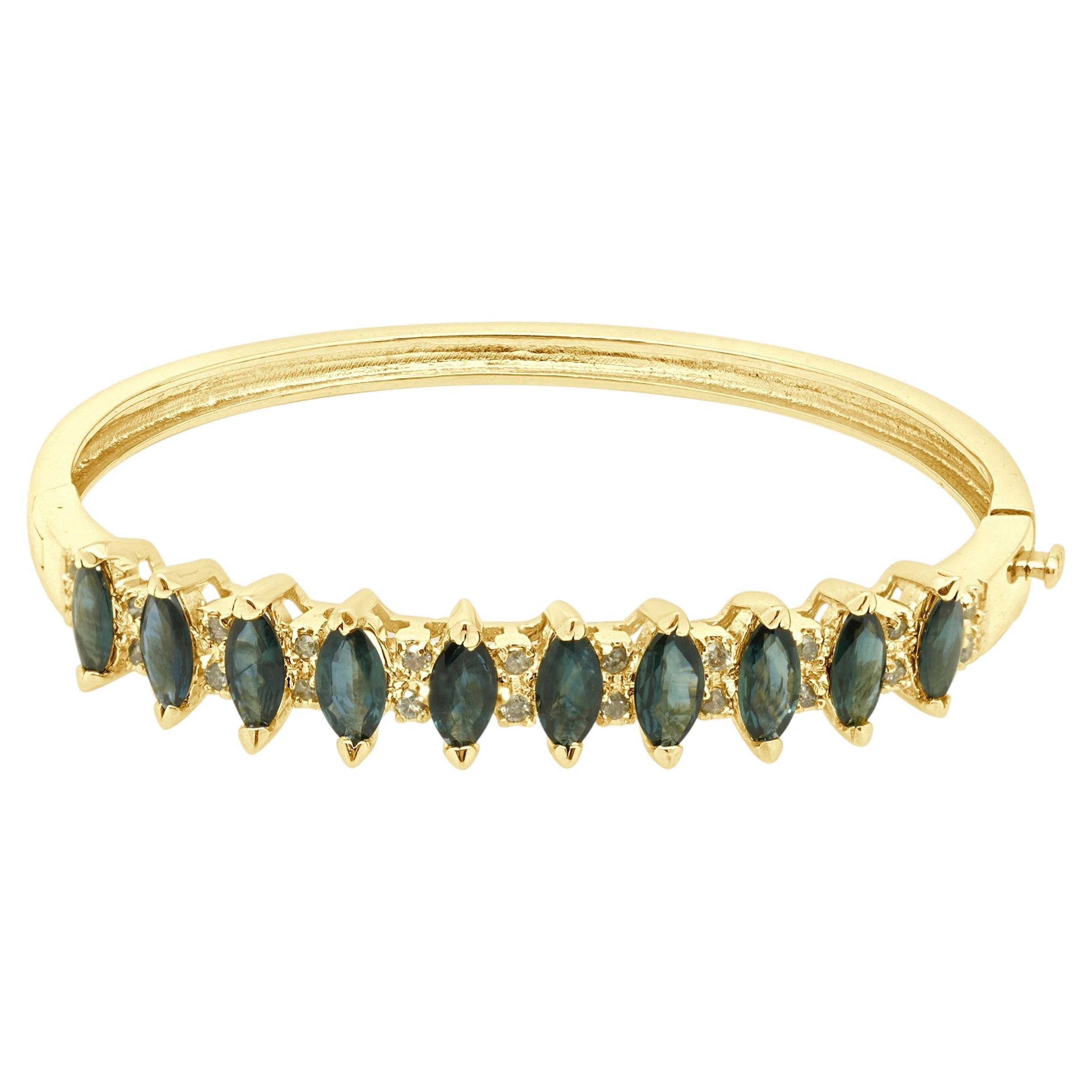 14K Yellow Gold Marquise Cut Blue Sapphire and Diamond Hinged Bangle Bracelet