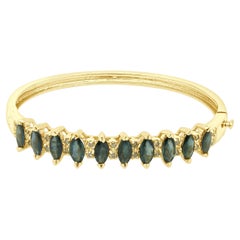 14K Yellow Gold Marquise Cut Blue Sapphire and Diamond Hinged Bangle Bracelet