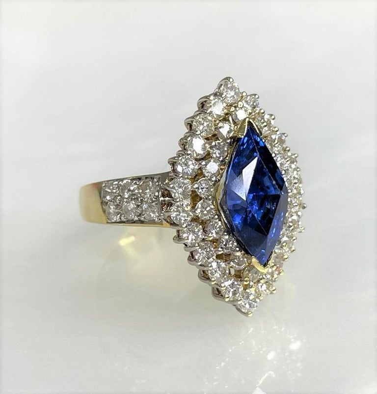 14K Yellow Gold Marquise Cut Blue Sapphire Diamond Ring For Sale at 1stDibs