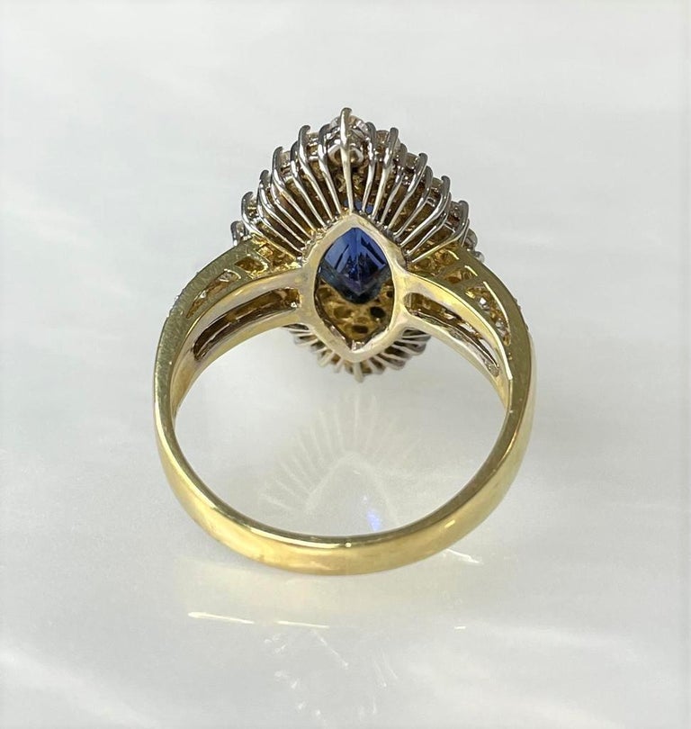 14K Yellow Gold Marquise Cut Blue Sapphire Diamond Ring For Sale at 1stDibs