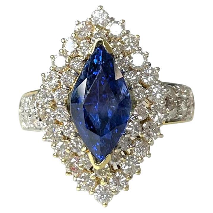 14K Yellow Gold Marquise Cut Blue Sapphire Diamond Ring For Sale