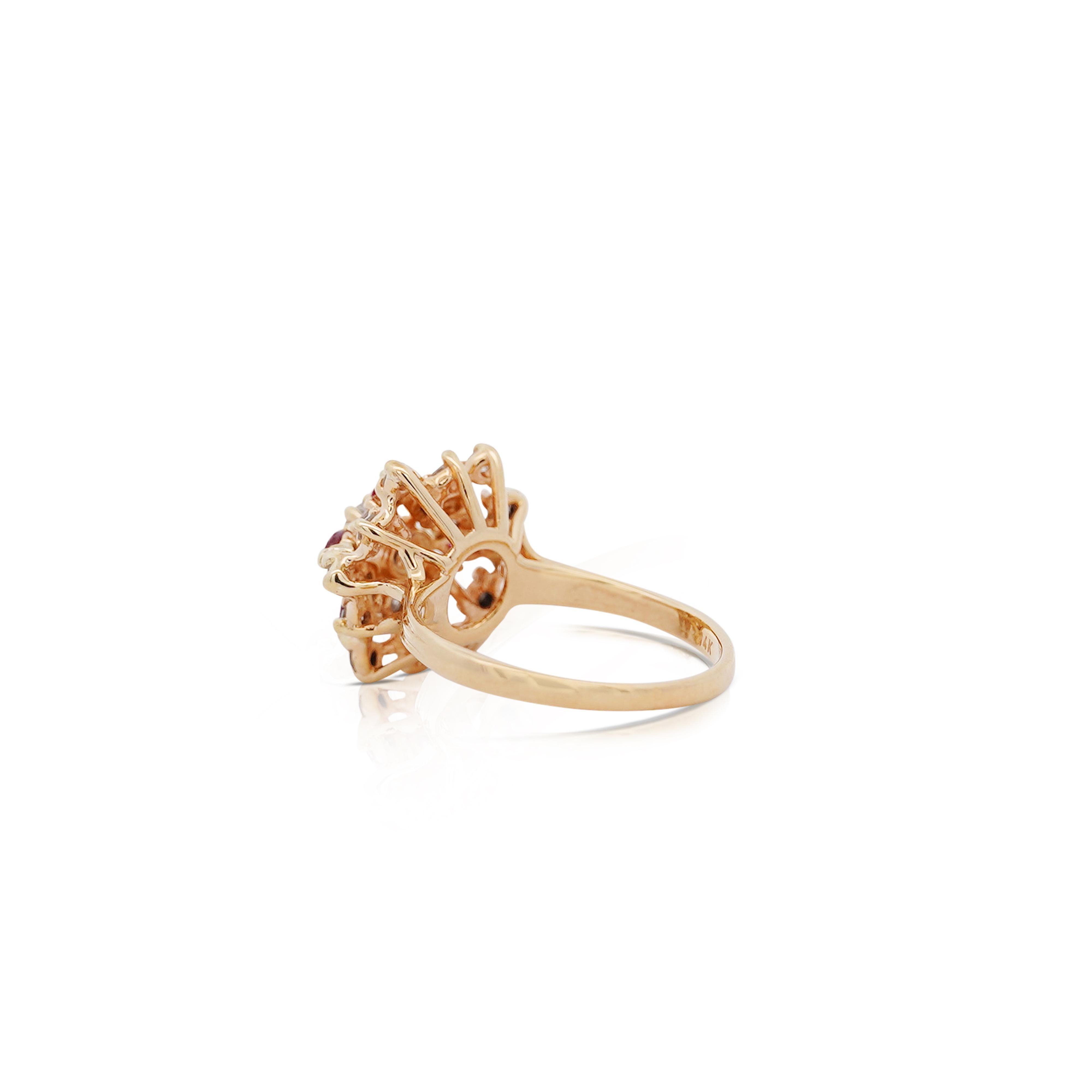 Modern 14K Yellow Gold Marquise Cut Ruby & Round Cut Diamond Cluster Ring For Sale