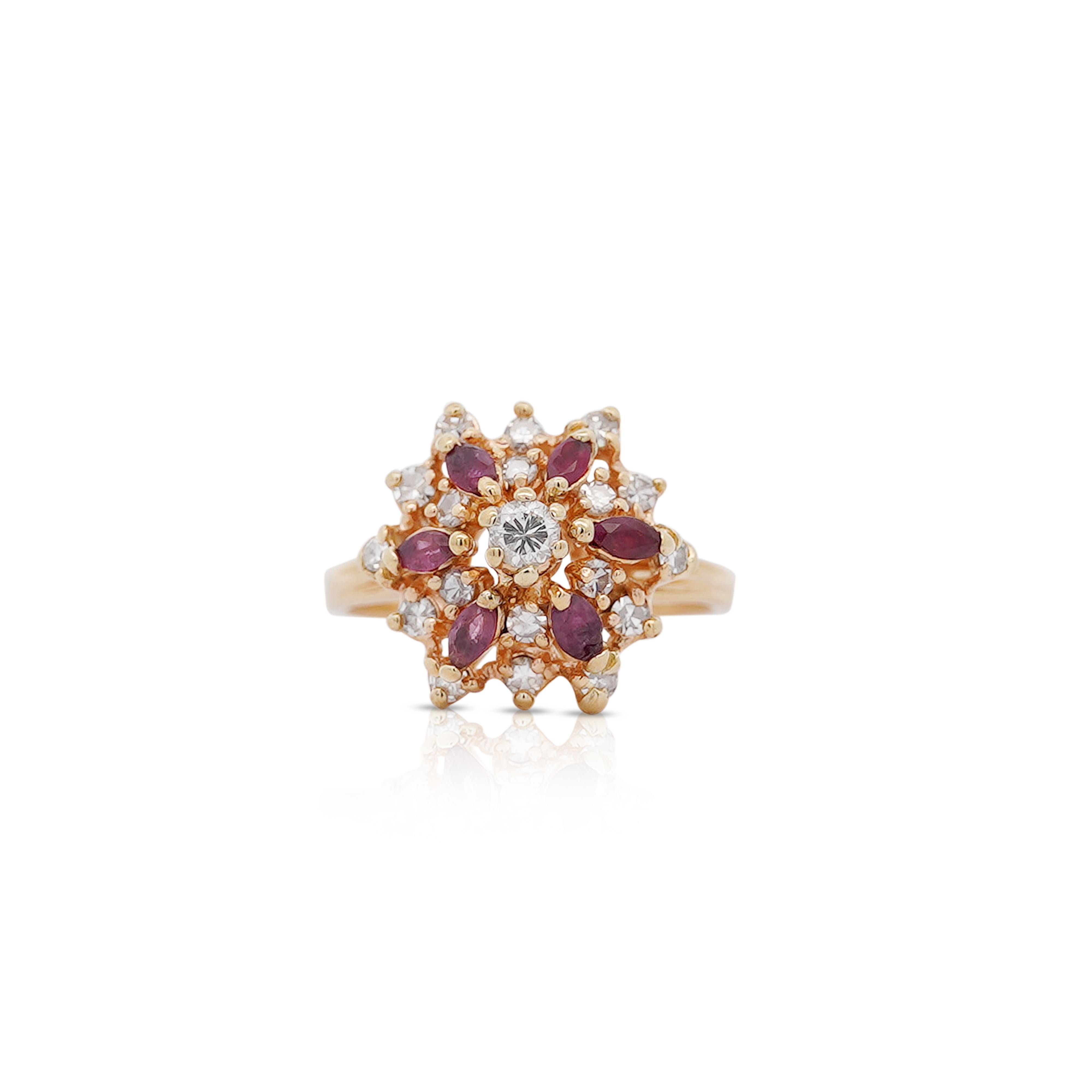 Women's 14K Yellow Gold Marquise Cut Ruby & Round Cut Diamond Cluster Ring For Sale