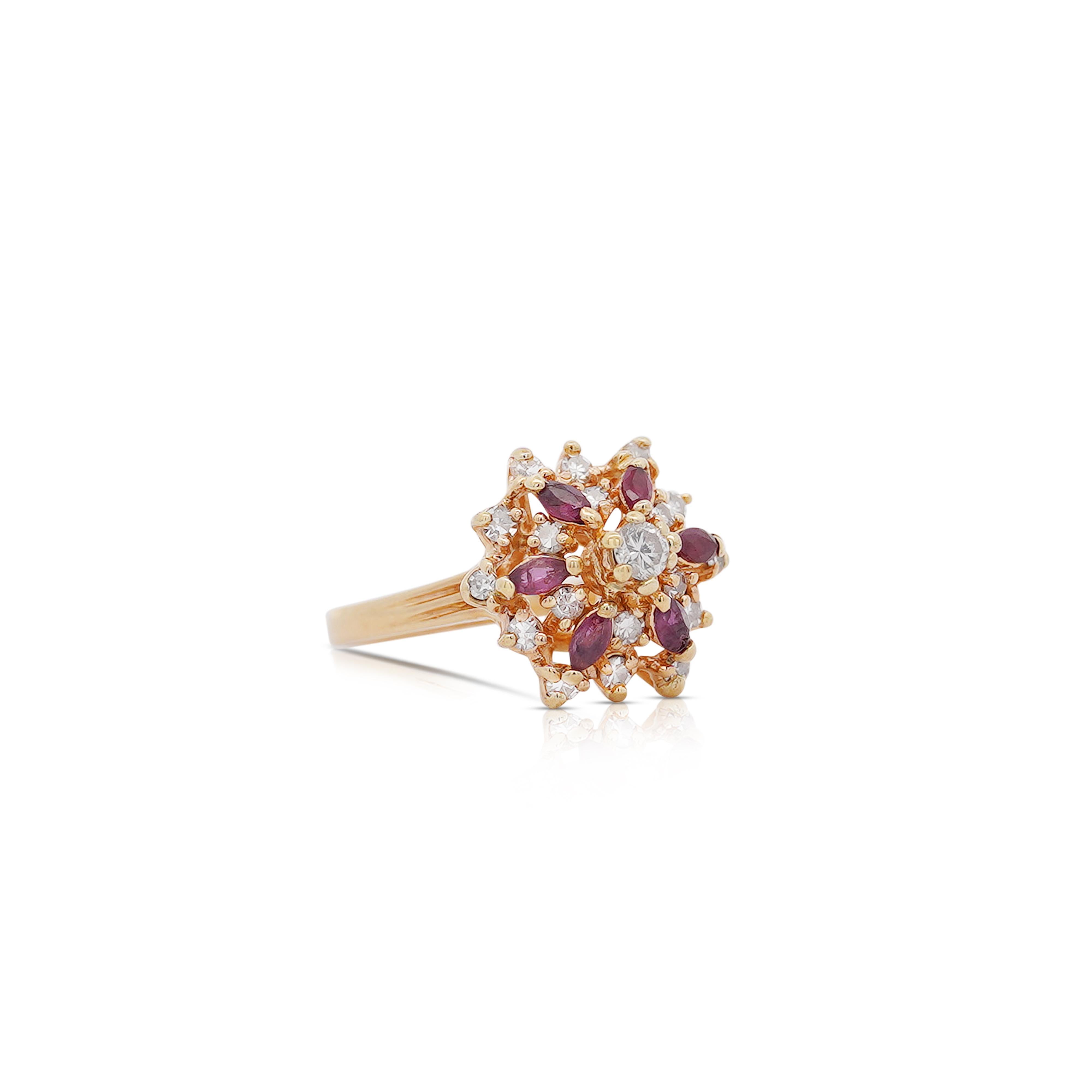 14K Yellow Gold Marquise Cut Ruby & Round Cut Diamond Cluster Ring For Sale 1