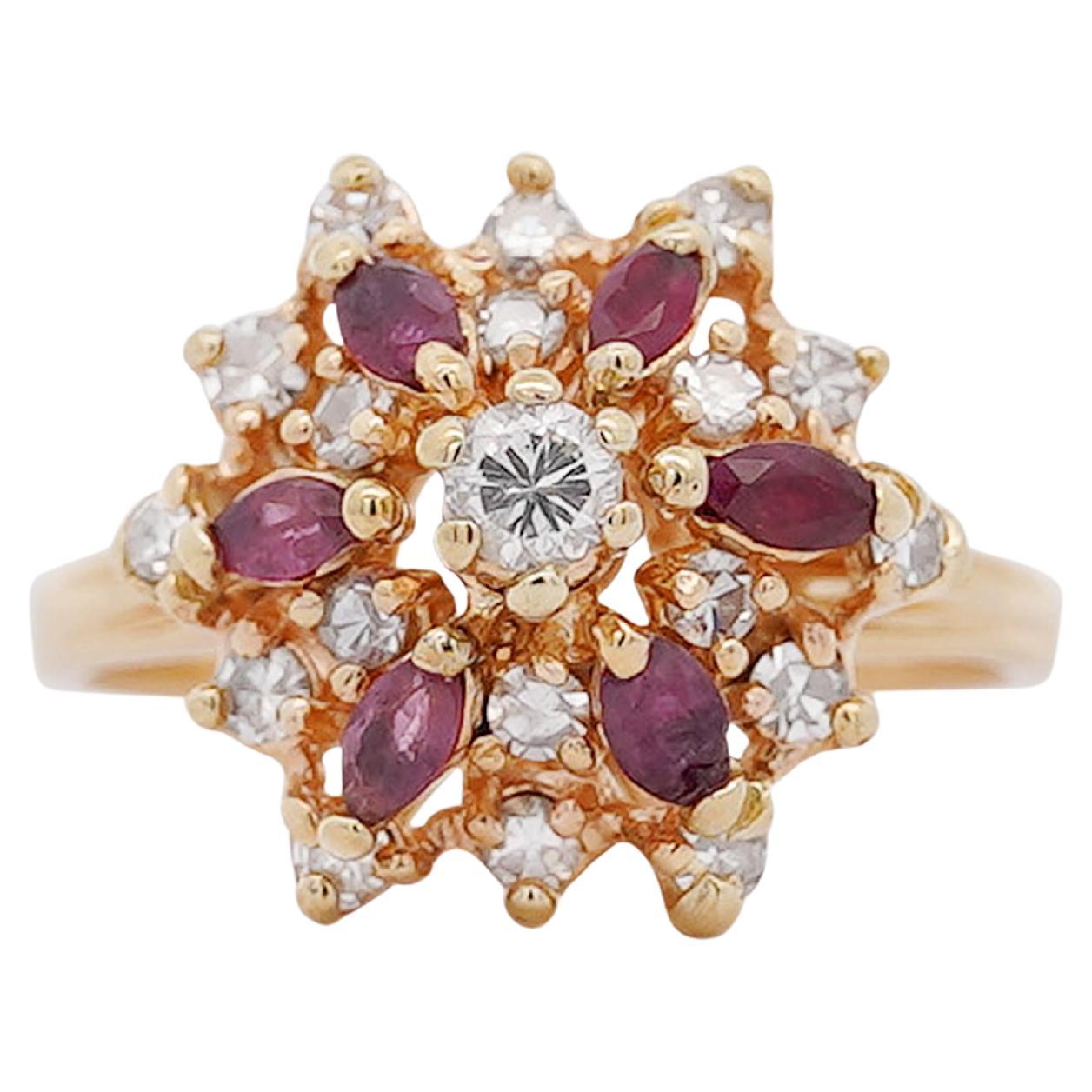 14K Yellow Gold Marquise Cut Ruby & Round Cut Diamond Cluster Ring For Sale