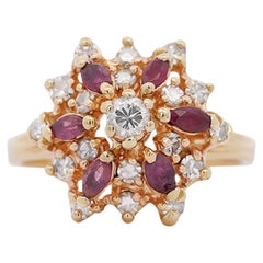 14K Yellow Gold Marquise Cut Ruby & Round Cut Diamond Cluster Ring