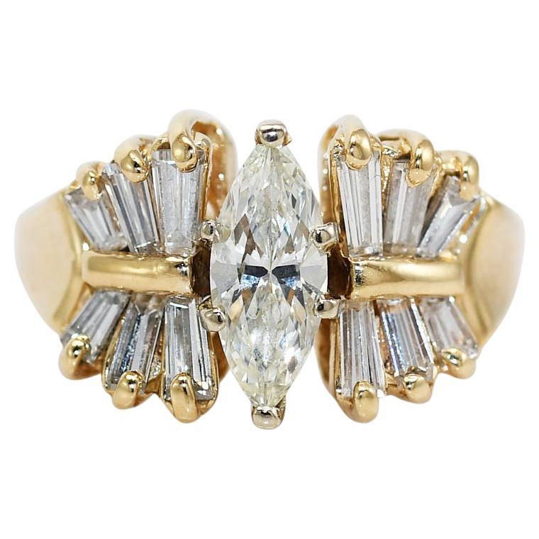 14K Yellow Gold Marquise Diamond Ring .65ct, 6.1g For Sale