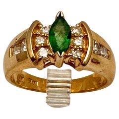 14k Yellow Gold Marquise Emerald 10 Round Diamonds Band Ring Size 6