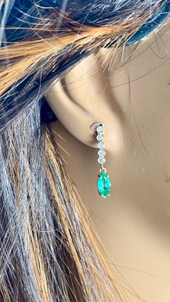 14K Yellow Gold Marquise Emerald and Diamond Drop Earrings