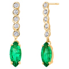Pendants d'oreilles en or jaune 14 carats avec émeraudes marquises et diamants
