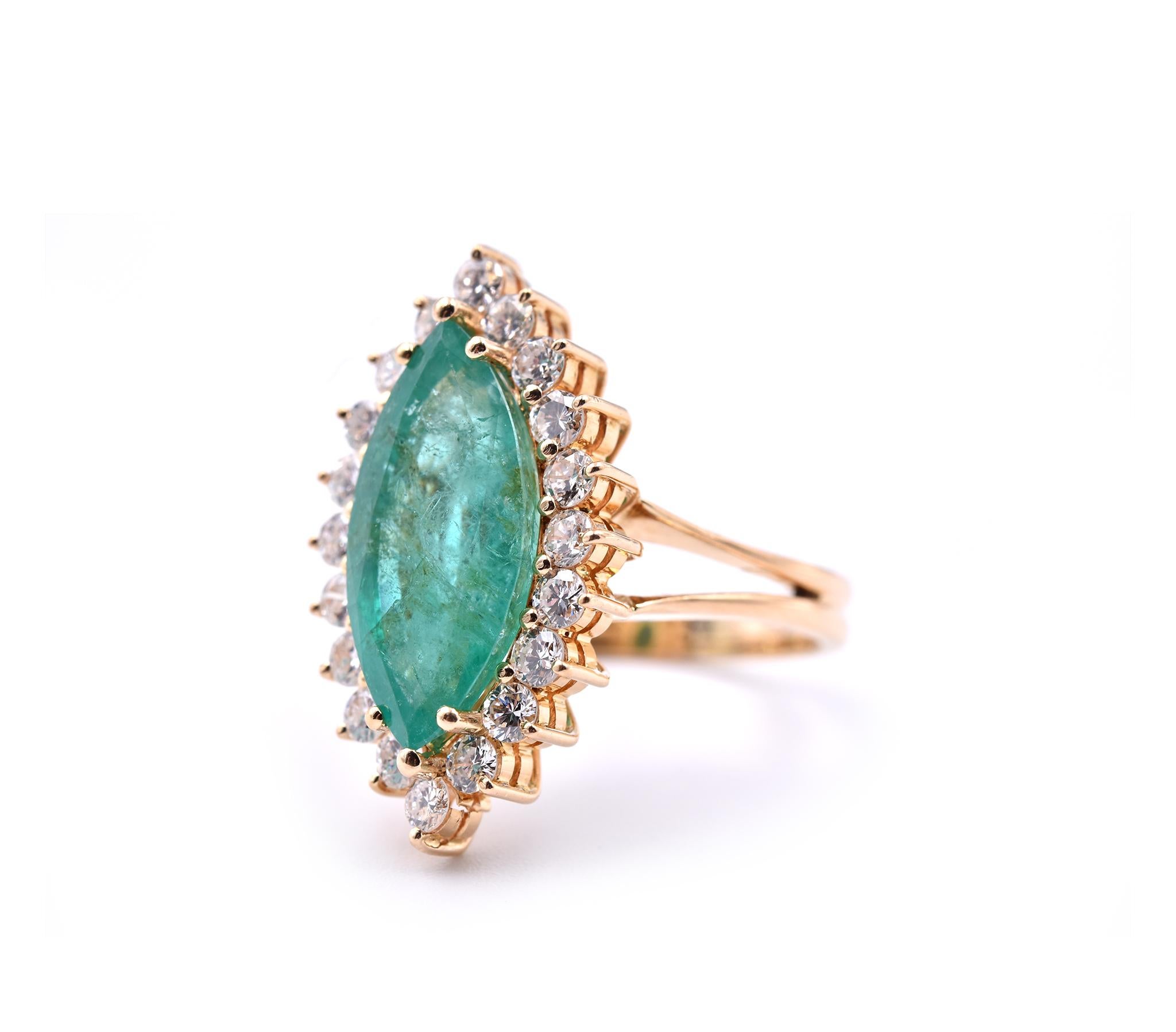 Marquise Cut 14 Karat Yellow Gold Marquise Emerald and Diamond Halo Ring