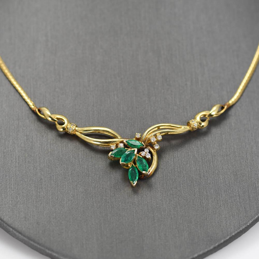 14K Yellow Gold Marquise Emerald & Diamond Necklace, 11.5gr In Excellent Condition In Laguna Beach, CA